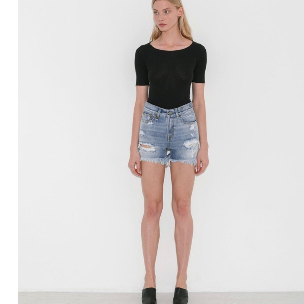 R13 shredded jean short cut offs